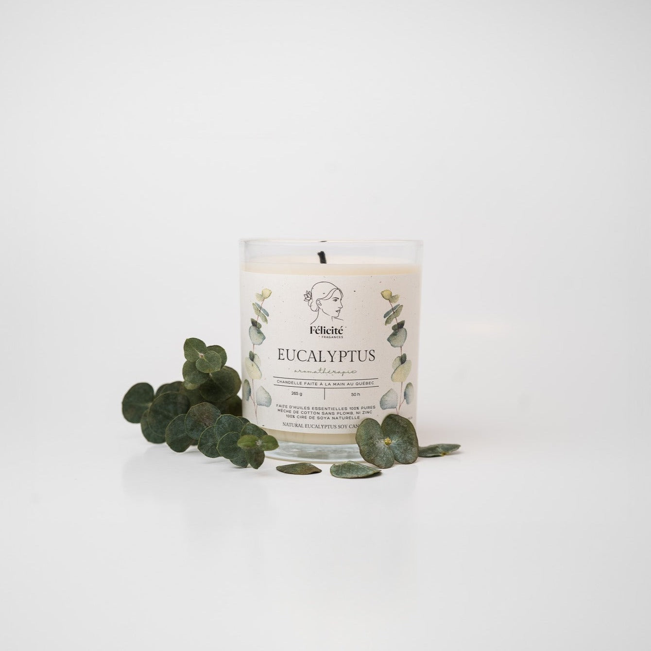 Chandelle de soya à l'eucalyptus aux huiles essentielles, avec feuilles d'eucalyptus